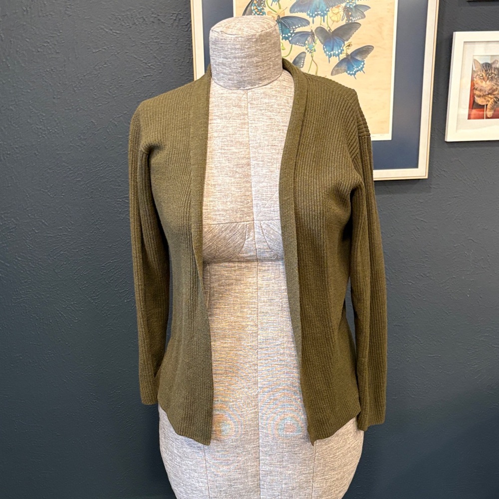 Olive Open-Front Women's Eileen Fisher Italian Wool Sweater Cardigan Size Large